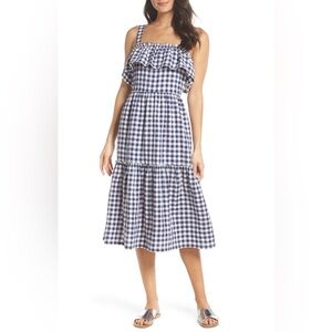 First Monday Tiered Gingham Midi Dress Blue and white size MEDIUM (NWT)